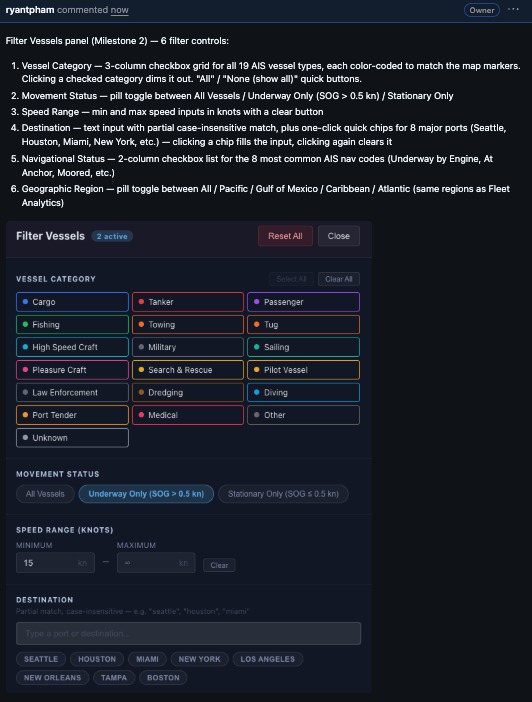 GitHub commit comment: Filter Vessels panel with vessel category, movement status, speed range, destination, navigational status, and region controls.