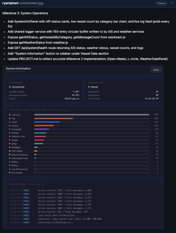 GitHub commit comment: System Information dashboard showing AIS Stream and Weather API status, live vessel count by category, and a live log feed.