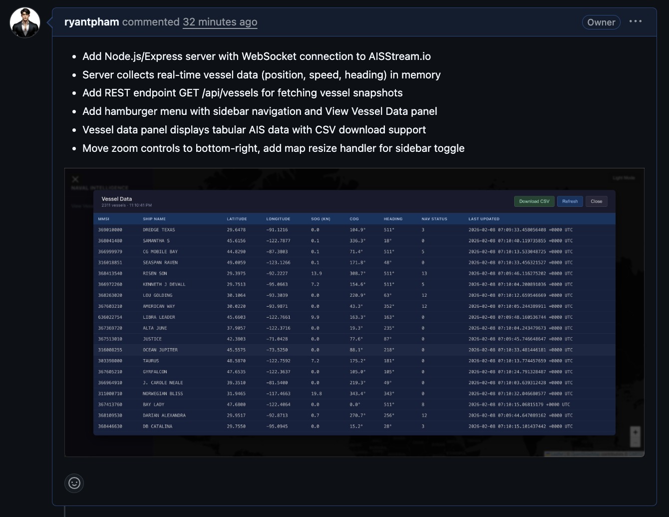 GitHub commit comment: Node.js/Express WebSocket server ingesting AISStream.io data, with a live vessel data table showing MMSI, ship name, coordinates, speed, and heading.