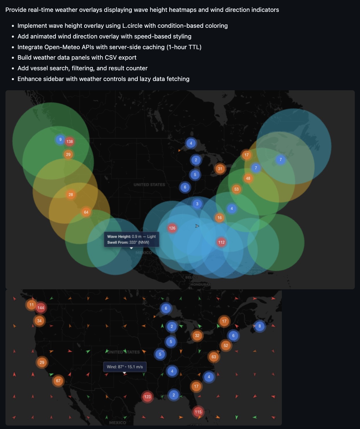 GitHub commit comment: real-time weather overlays showing a wave height heatmap and a wind direction vector map.